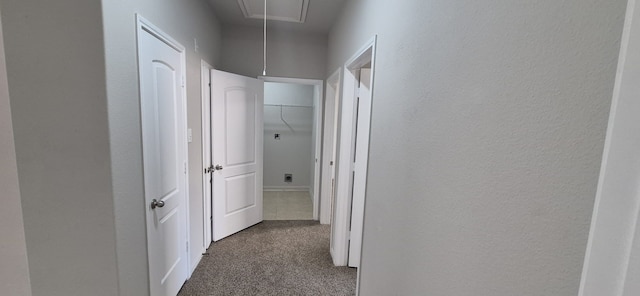 2507 Ocean Cove Cir, Rosenberg, TX 77469 - corridor featuring dark carpet, attic access, and a textured wall