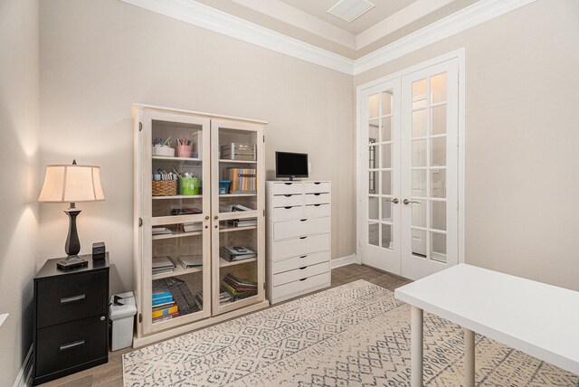 5711 Greenwood Colony Ct, Houston, TX 77059 - office area featuring french doors, wood finished floors, ornamental molding, and baseboards