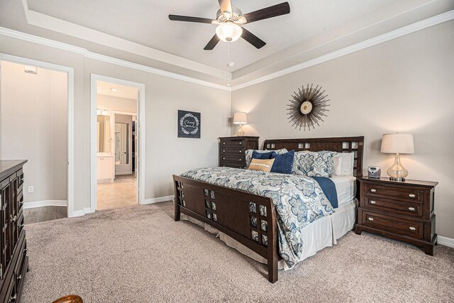 5711 Greenwood Colony Ct, Houston, TX 77059 - bedroom featuring light carpet, a raised ceiling, baseboards, ceiling fan, and ornamental molding