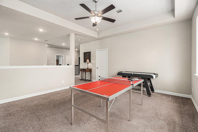 5711 Greenwood Colony Ct, Houston, TX 77059 - playroom featuring carpet floors, baseboards, ceiling fan, recessed lighting, and a raised ceiling