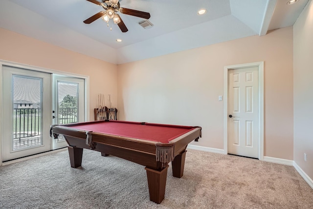 1102 Nautical Ln, Richmond, TX 77469 - recreation room featuring carpet, baseboards, a ceiling fan, billiards, and recessed lighting
