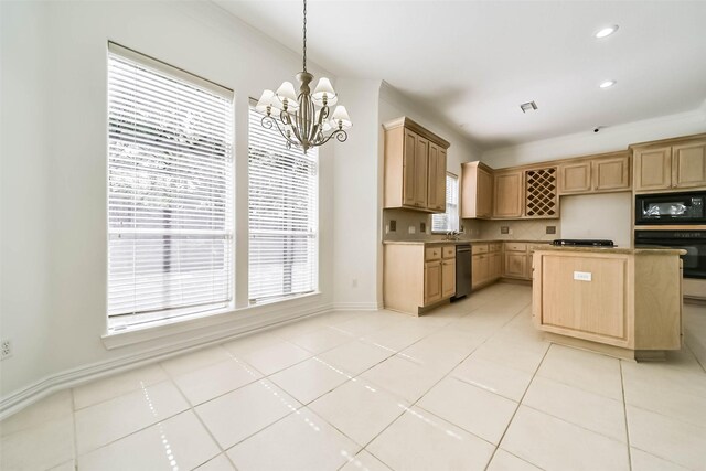 13331 Brentonwood Ln, Houston, TX 77077 - kitchen featuring black appliances, a chandelier, light brown cabinetry, baseboards, and pendant lighting