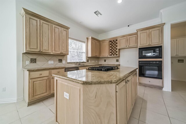 13331 Brentonwood Ln, Houston, TX 77077 - kitchen with black appliances, a sink, light brown cabinetry, light stone countertops, and ornamental molding