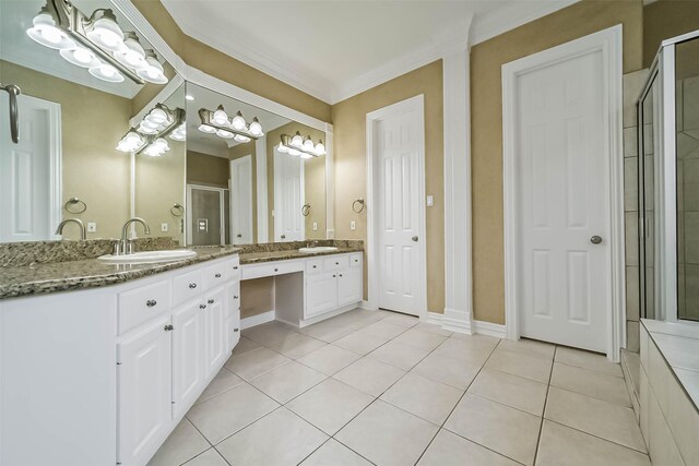 13331 Brentonwood Ln, Houston, TX 77077 - full bathroom with a stall shower, two vanities, tile patterned floors, and crown molding