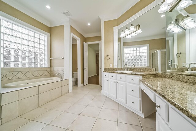 13331 Brentonwood Ln, Houston, TX 77077 - bathroom featuring a shower stall, two vanities, tile patterned floors, toilet, and ornamental molding