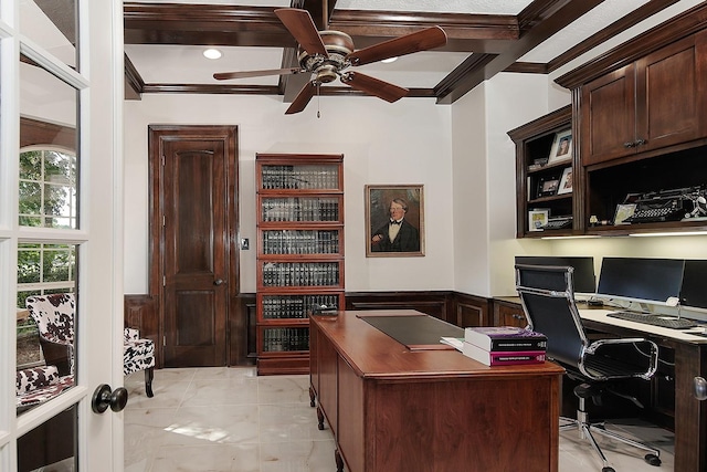 28107 Buena Way, Spring, TX 77386 - office area with crown molding, ceiling fan, wainscoting, and light marble finish flooring