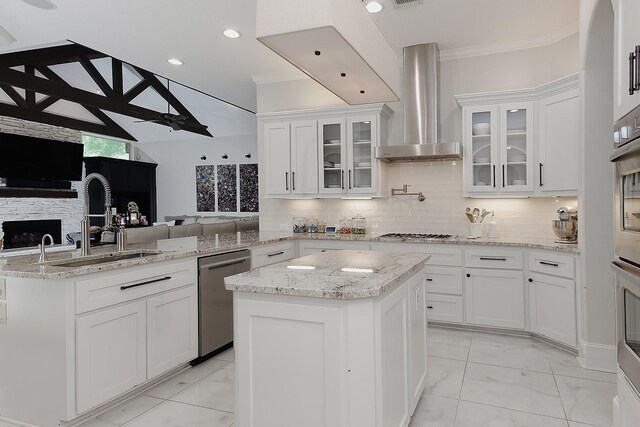 28107 Buena Way, Spring, TX 77386 - kitchen featuring wall chimney exhaust hood, dishwasher, a center island, open floor plan, and a sink