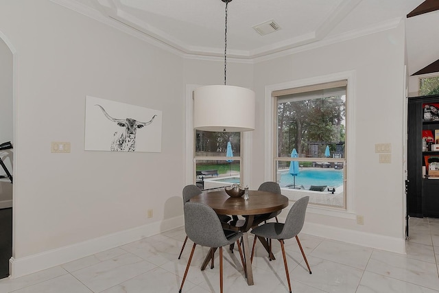28107 Buena Way, Spring, TX 77386 - dining room with ornamental molding, baseboards, arched walkways, and light marble finish flooring