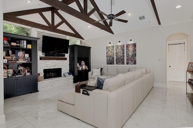 28107 Buena Way, Spring, TX 77386 - living room with a ceiling fan, light marble finish flooring, high vaulted ceiling, a stone fireplace, and recessed lighting