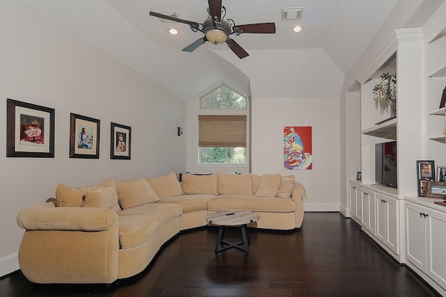 28107 Buena Way, Spring, TX 77386 - living area with a ceiling fan, dark wood finished floors, baseboards, vaulted ceiling, and recessed lighting