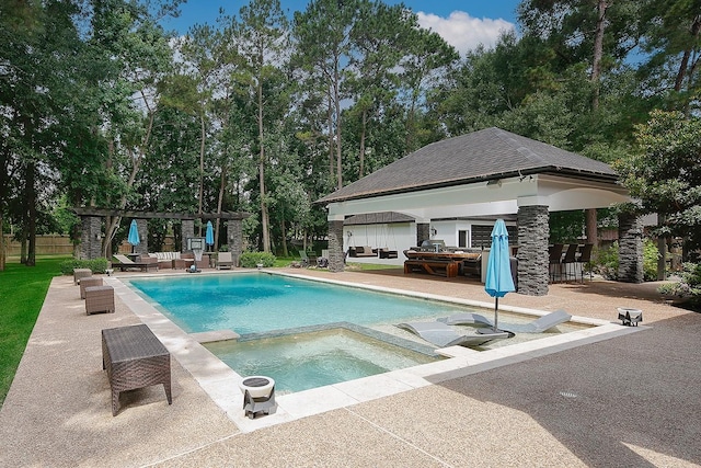 28107 Buena Way, Spring, TX 77386 - view of swimming pool with a gazebo, a patio, a pool with connected hot tub, a bar, and a pergola