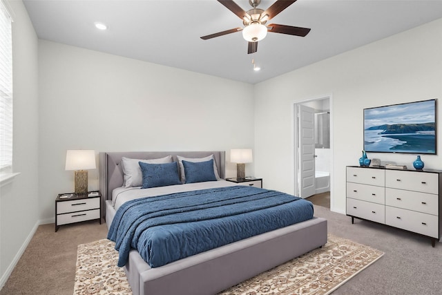 21531 Cypress Trellis Dr, Cypress, TX 77433 - bedroom featuring carpet floors, baseboards, ensuite bathroom, recessed lighting, and a ceiling fan