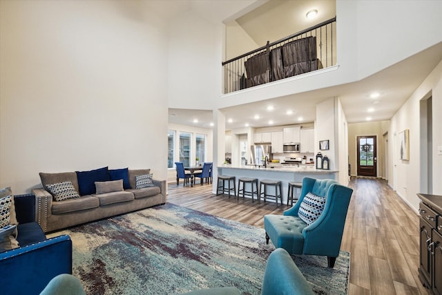 17218 Roxburgh Lake Ln, Hockley, TX 77447 - living area with light wood-style flooring and a towering ceiling
