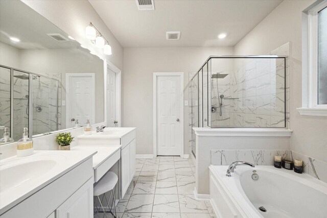 17218 Roxburgh Lake Ln, Hockley, TX 77447 - bathroom with vanity, marble finish flooring, a stall shower, a bath, and recessed lighting