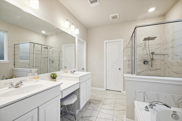 17218 Roxburgh Lake Ln, Hockley, TX 77447 - bathroom with vanity, a marble finish shower, marble look tile flooring, a bath, and recessed lighting