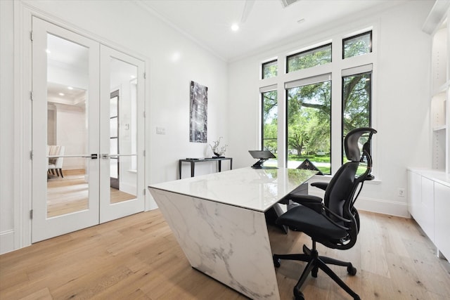 5202 Carew St, Houston, TX 77096 - home office featuring light wood-style flooring, french doors, recessed lighting, and ornamental molding