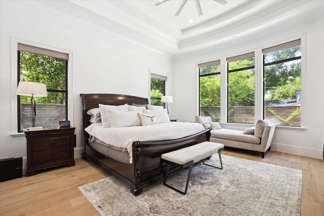 5202 Carew St, Houston, TX 77096 - bedroom with a tray ceiling, light wood-style flooring, crown molding, a ceiling fan, and baseboards