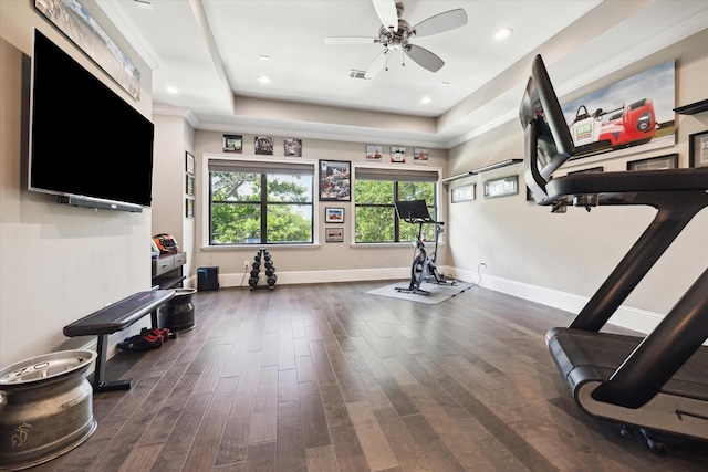 5202 Carew St, Houston, TX 77096 - workout area with a raised ceiling, dark wood-style floors, ceiling fan, baseboards, and recessed lighting