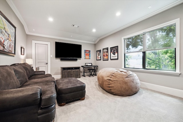 5202 Carew St, Houston, TX 77096 - living room featuring crown molding, carpet flooring, recessed lighting, and baseboards