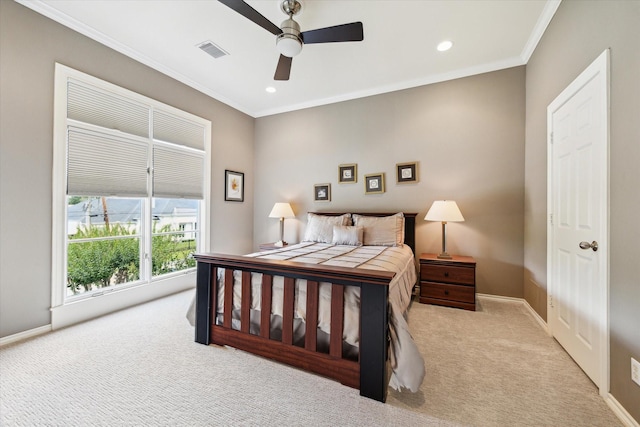 40 E Broad Oaks Dr, Houston, TX 77056 - bedroom with carpet, crown molding, baseboards, recessed lighting, and ceiling fan
