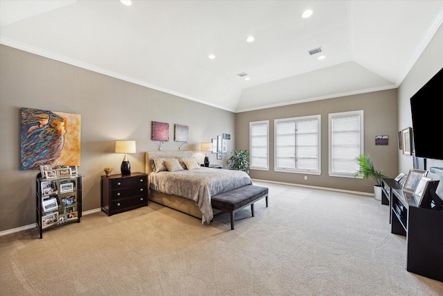 40 E Broad Oaks Dr, Houston, TX 77056 - carpeted bedroom featuring vaulted ceiling, baseboards, crown molding, and recessed lighting