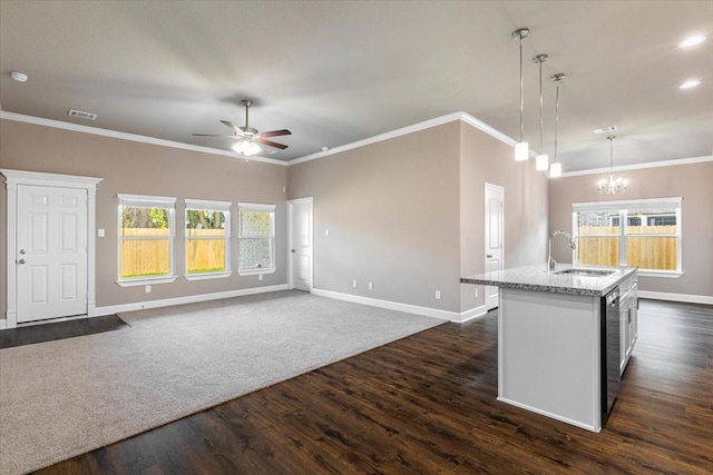 6514 Arabella, Houston, TX 77091 - kitchen featuring a sink, ceiling fan, baseboards, dark wood finished floors, and light stone countertops
