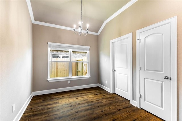 6514 Arabella, Houston, TX 77091 - unfurnished dining area with ornamental molding, a chandelier, vaulted ceiling, baseboards, and dark wood-style floors