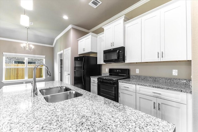 6514 Arabella, Houston, TX 77091 - kitchen featuring black appliances, a sink, crown molding, white cabinets, and a chandelier
