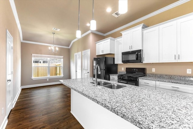 6514 Arabella, Houston, TX 77091 - kitchen with black appliances, a sink, ornamental molding, a chandelier, and white cabinetry