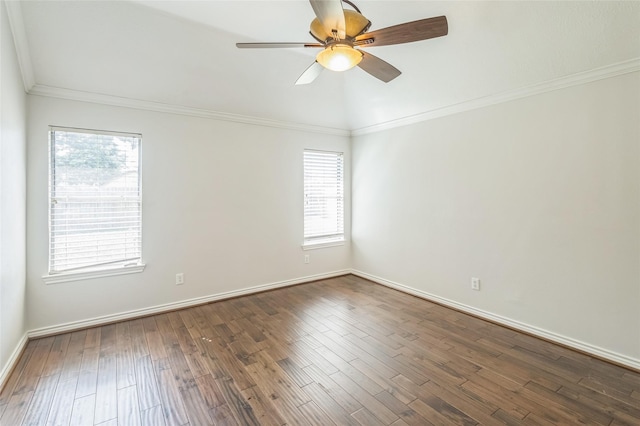 12023 Thornburg Ln, Houston, TX 77067 - unfurnished room featuring ornamental molding, baseboards, ceiling fan, and dark wood-style floors
