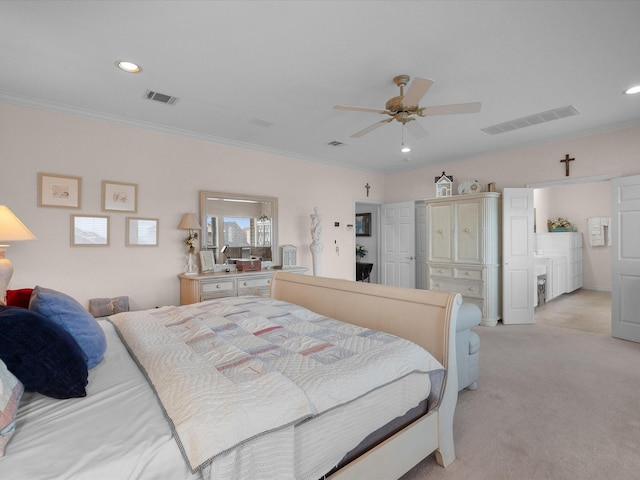 502 Westerly Dr, Tiki Island, TX 77554 - bedroom featuring ornamental molding, light carpet, recessed lighting, and ceiling fan
