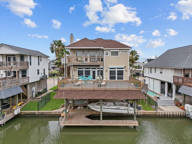 502 Westerly Dr, Tiki Island, TX 77554 - rear view of property featuring a balcony, boat lift, a deck with water view, a chimney, and a residential view