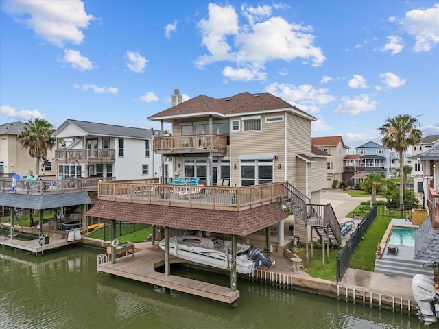 502 Westerly Dr, Tiki Island, TX 77554 - back of house featuring a residential view, a balcony, stairway, a deck with water view, and boat lift