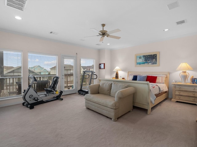 502 Westerly Dr, Tiki Island, TX 77554 - carpeted bedroom featuring access to exterior, ornamental molding, a ceiling fan, and recessed lighting