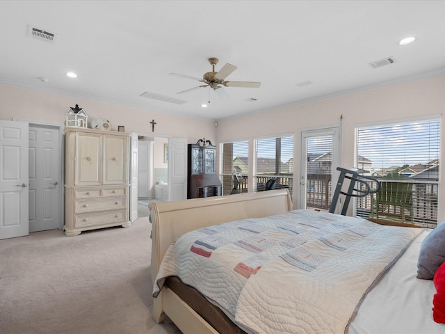 502 Westerly Dr, Tiki Island, TX 77554 - bedroom with access to outside, light colored carpet, crown molding, recessed lighting, and ceiling fan