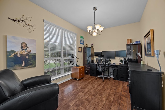 2615 Crystal Falls Dr, Pearland, TX 77584 - office area with dark wood-type flooring, a chandelier, and baseboards