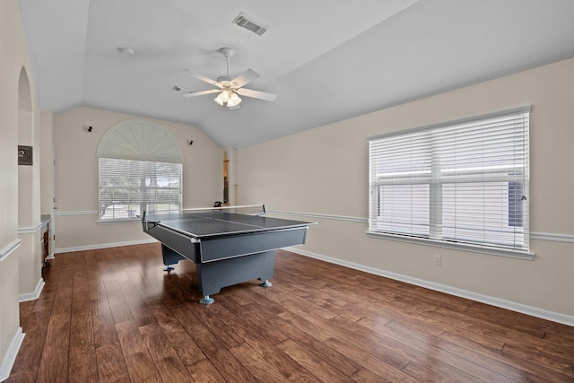 2615 Crystal Falls Dr, Pearland, TX 77584 - rec room with a ceiling fan, dark wood-type flooring, vaulted ceiling, and baseboards