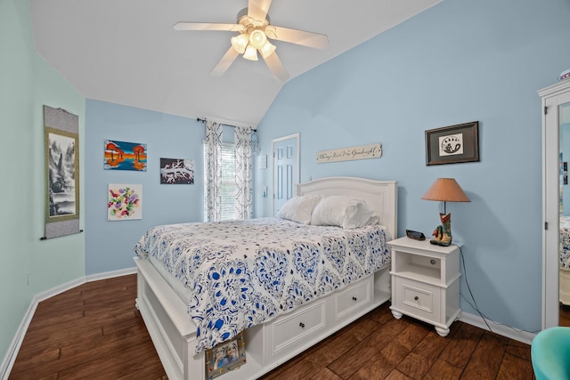 2615 Crystal Falls Dr, Pearland, TX 77584 - bedroom with dark wood-type flooring, baseboards, vaulted ceiling, and ceiling fan