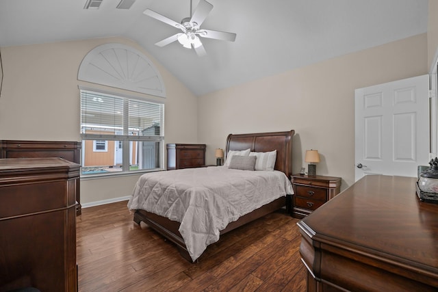 2615 Crystal Falls Dr, Pearland, TX 77584 - bedroom featuring vaulted ceiling, dark wood-type flooring, and ceiling fan