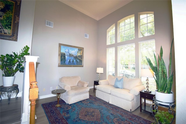 5810 Brook Bend Dr, Sugar Land, TX 77479 - living area featuring ornamental molding, wood finished floors, and a towering ceiling