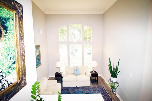 5810 Brook Bend Dr, Sugar Land, TX 77479 - living area featuring wood finished floors, ornamental molding, and a towering ceiling