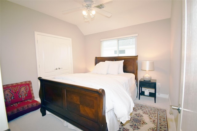 5810 Brook Bend Dr, Sugar Land, TX 77479 - bedroom featuring carpet floors, vaulted ceiling, and ceiling fan