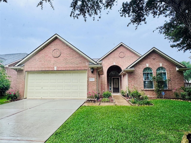 15102 Millers Run Ln, Sugar Land, TX 77498 - single story home featuring brick siding, a front yard, concrete driveway, and an attached garage