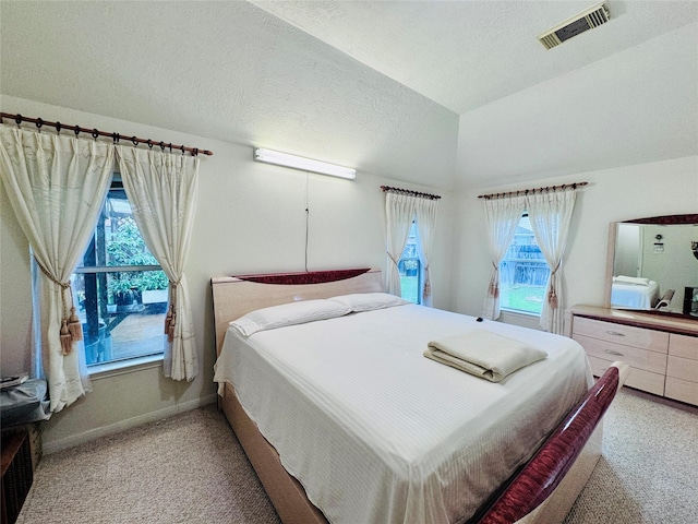 15102 Millers Run Ln, Sugar Land, TX 77498 - bedroom featuring light colored carpet, a textured ceiling, and lofted ceiling