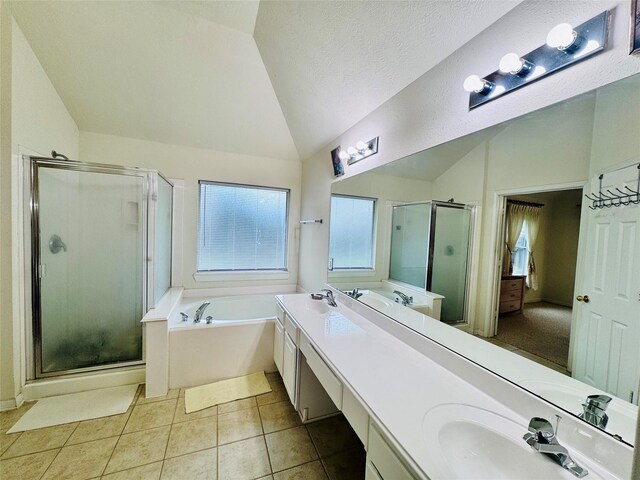 15102 Millers Run Ln, Sugar Land, TX 77498 - full bath with lofted ceiling, a stall shower, a garden tub, double vanity, and healthy amount of natural light