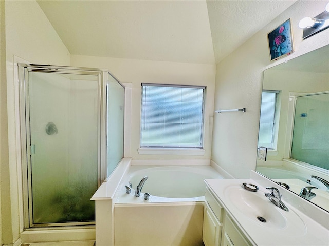 15102 Millers Run Ln, Sugar Land, TX 77498 - bathroom featuring vanity, a bath, a stall shower, and lofted ceiling