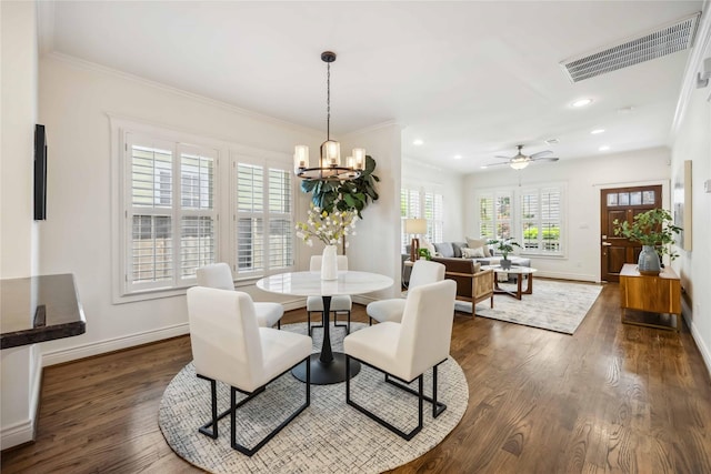 2621 Morrison St, Houston, TX 77009 - dining area featuring dark wood finished floors, baseboards, recessed lighting, a chandelier, and ceiling fan