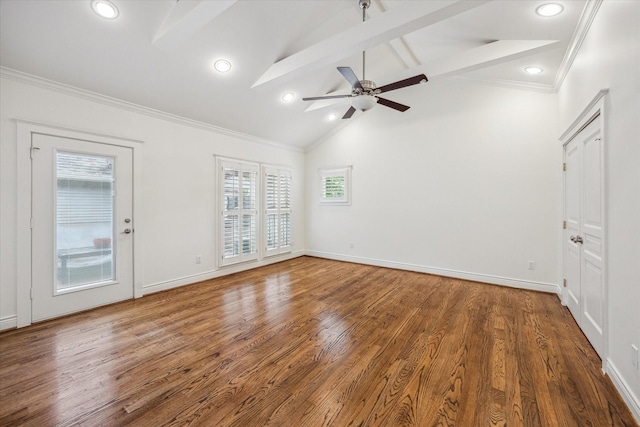 2621 Morrison St, Houston, TX 77009 - unfurnished room with beamed ceiling, ceiling fan, wood finished floors, ornamental molding, and recessed lighting