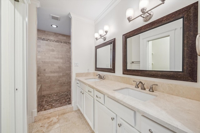 2621 Morrison St, Houston, TX 77009 - bathroom with double vanity, ornamental molding, walk in shower, and recessed lighting