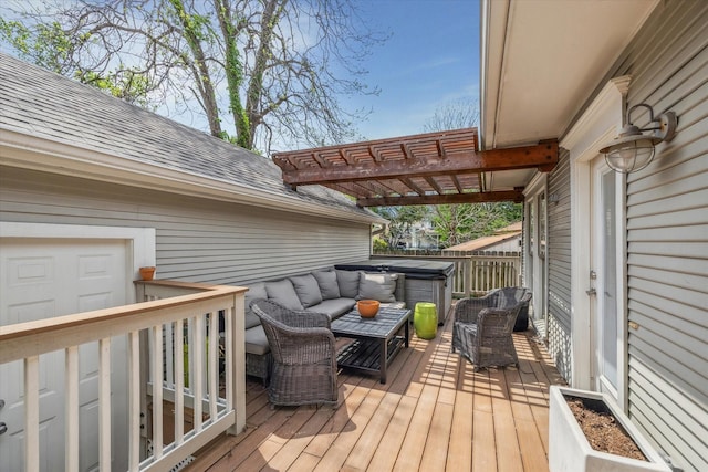 2621 Morrison St, Houston, TX 77009 - wooden deck featuring an outdoor hangout area and a hot tub